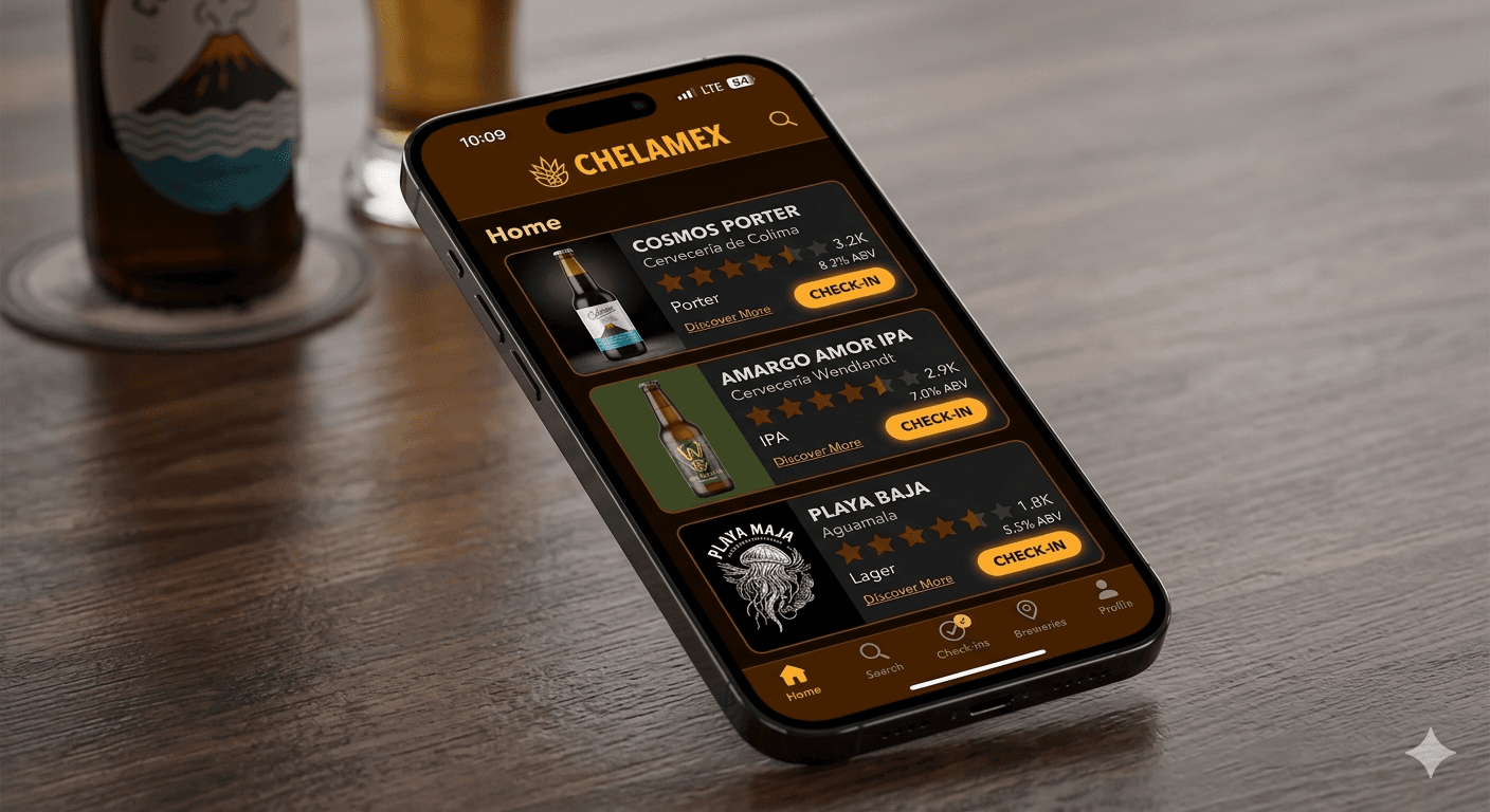 Teléfono con la app Chelamex en Home: tarjetas de cervezas artesanales con nombre, cervecería, estrellas, ABV y botón de check-in; barra inferior con inicio, búsqueda, check-ins, cervecerías y perfil.