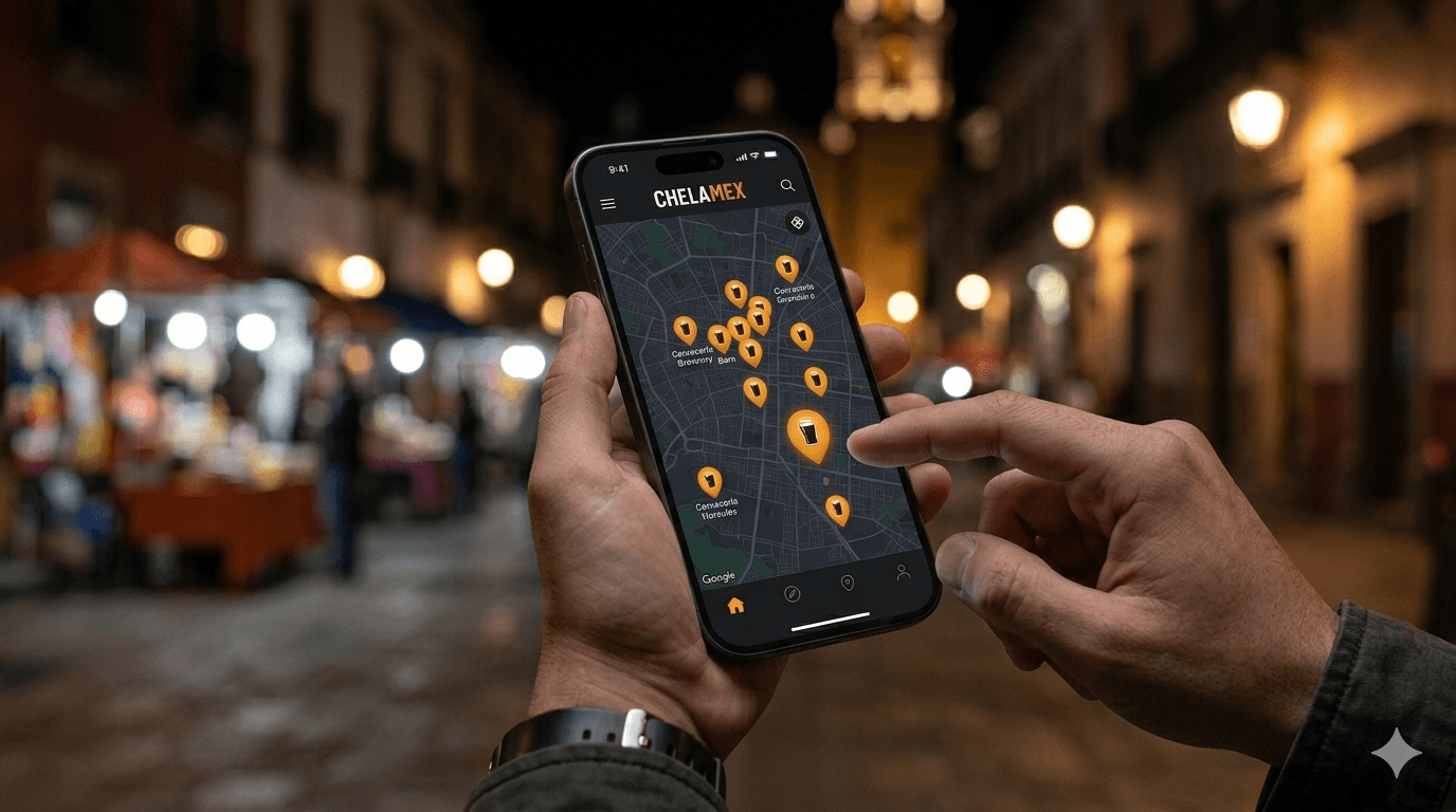 Manos sosteniendo un teléfono con la app Chelamex: mapa nocturno con pines de cervecerías y calles iluminadas al fondo.