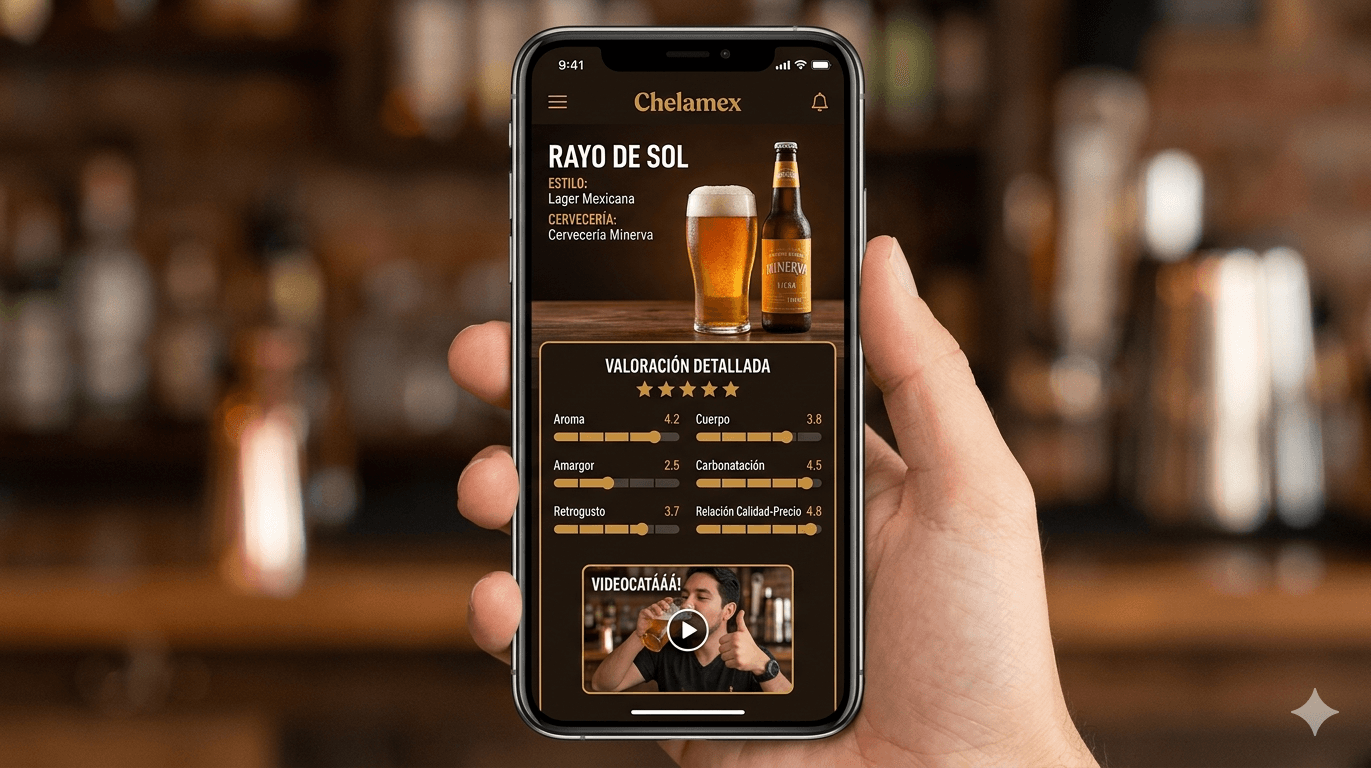 Teléfono mostrando reseña en Chelamex: ficha de cerveza con valoración por rubros y marco de video de usuario.